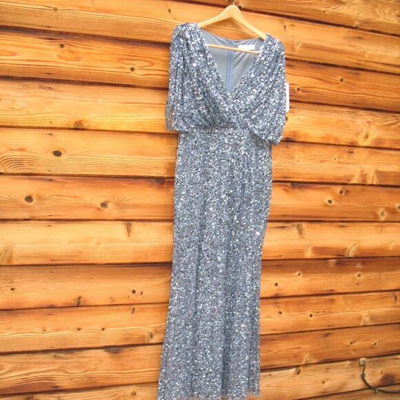 Mac Duggal 5640 Womens Blue Draped Sleeve V Neck Gown - Picture 6 of 12